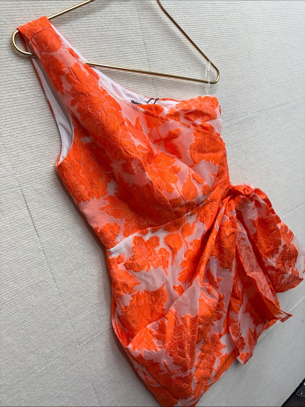 Showpo One-Shoulder Floral Jacquard Dress in Bright Orange - Picture 3 of 8